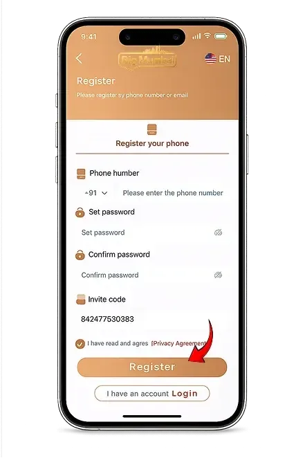 Big Mumbai Game Register screen